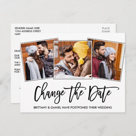Penseelscript De datum 3-foto wijzigen Briefkaart (Voorkant / Achterkant)
