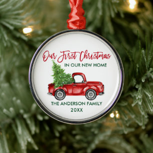 Penseelscript Eerste Kerstmis Nieuwe Home Truck Metalen Ornament