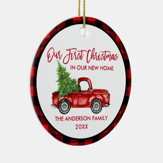 Penseelscript Eerste Kerstmis Nieuwe Home Truck Ps Keramisch Ornament (Rechts)