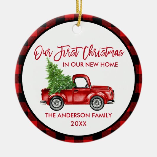 Penseelscript Eerste Kerstmis Nieuwe Home Truck Ps Keramisch Ornament (Voorkant)