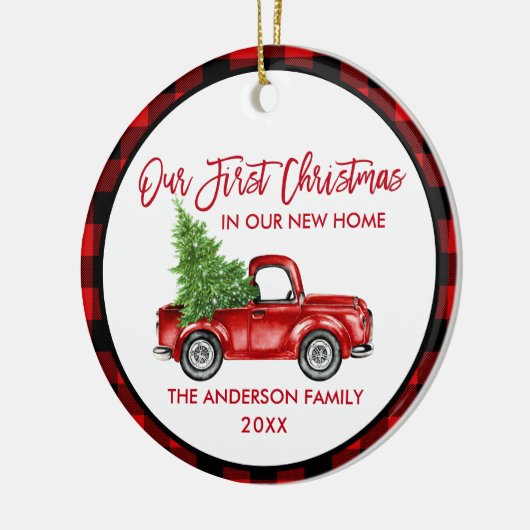 Penseelscript Eerste Kerstmis Nieuwe Home Truck Ps Keramisch Ornament (Links)