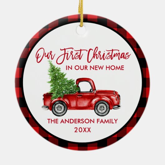 Penseelscript Eerste Kerstmis Nieuwe Home Truck Ps Keramisch Ornament (Achterkant)