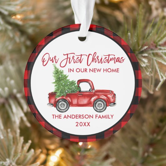 Penseelscript Eerste Kerstmis Nieuwe Home Truck Ps Ornament (Boom)
