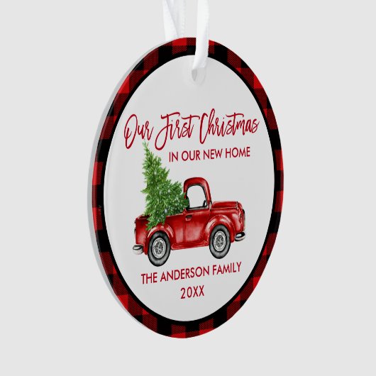 Penseelscript Eerste Kerstmis Nieuwe Home Truck Ps Ornament (voorkant)