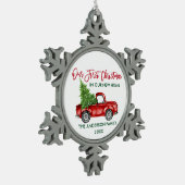 Penseelscript Eerste Kerstmis Nieuwe Home Truck Tin Sneeuwvlok Ornament (Links)