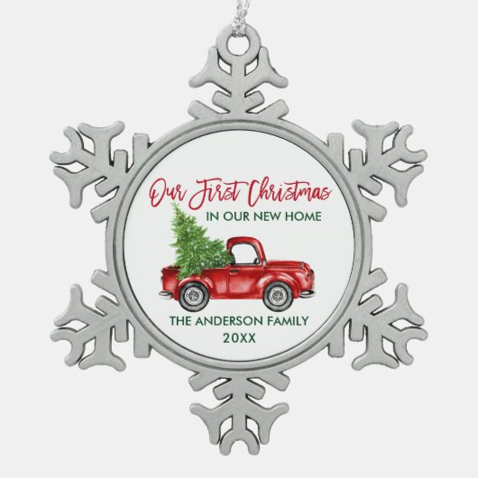 Penseelscript Eerste Kerstmis Nieuwe Home Truck Tin Sneeuwvlok Ornament (Voorkant)