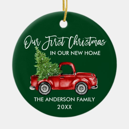 Penseelscript Eerste Kerstmis Nieuwe Thuiswagen Gr Keramisch Ornament (Voorkant)