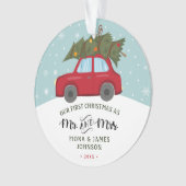 Penseelscript Eerste Kerstmis Rode auto Ornament (voorkant)