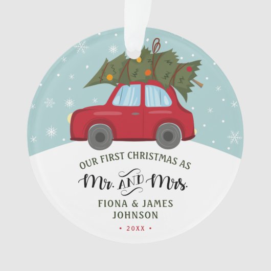 Penseelscript Eerste Kerstmis Rode auto Ornament (voorkant)