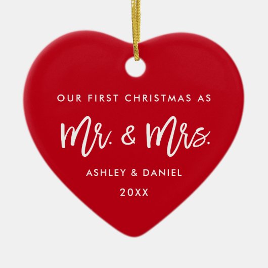 Penseelscript, eerste Kerstmis rood | Foto terug Keramisch Ornament (Voorkant)