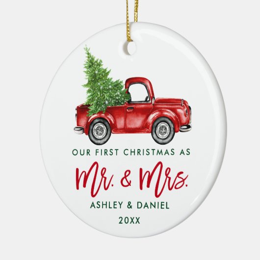 Penseelscript Eerste Kerstmis Rood Vrachtwagen PHO Keramisch Ornament (Links)