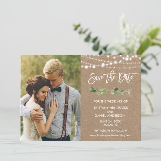 Penseelscript Eucalyptus Lights Kraft Foto Save The Date (Staand voorkant)