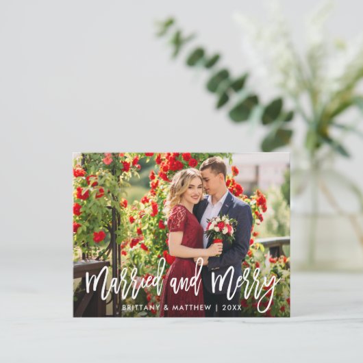 Penseelscript, gehuwd en prettig kerstfeest briefkaart (Staand voorkant)