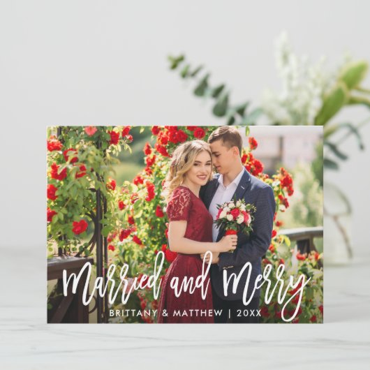 Penseelscript, gehuwd en prettig kerstfeest feestdagenkaart (Staand voorkant)