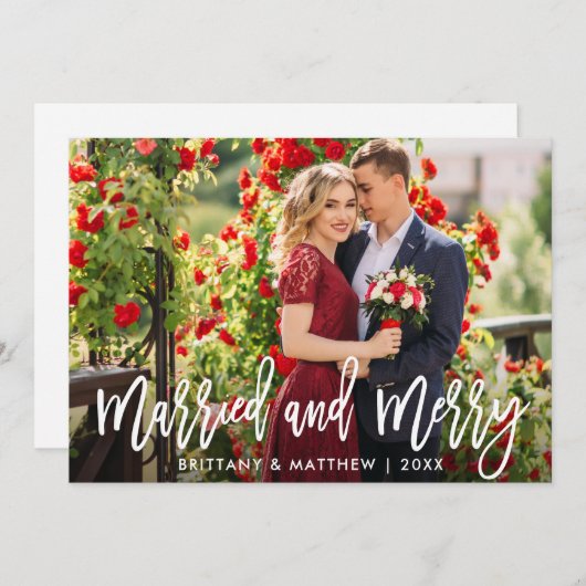 Penseelscript, gehuwd en prettig kerstfeest feestdagenkaart (Voorkant / Achterkant)