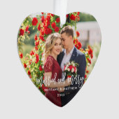 Penseelscript, gehuwd met Merry Photo Wedding Hear Ornament (voorkant)