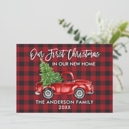 Penseelscript geplakt Eerste Kerstmis Nieuw Thuisw Feestdagenkaart (Staand voorkant)