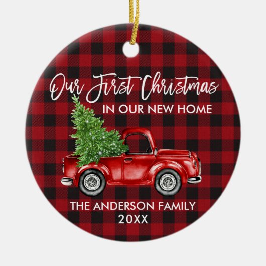 Penseelscript geplakt Eerste Kerstmis Nieuw Thuisw Keramisch Ornament (Voorkant)