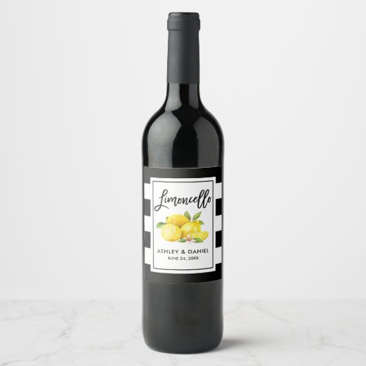 Penseelscript Gestreepte Limoncello Citroenen Labe Wijn Etiket (Voorkant)