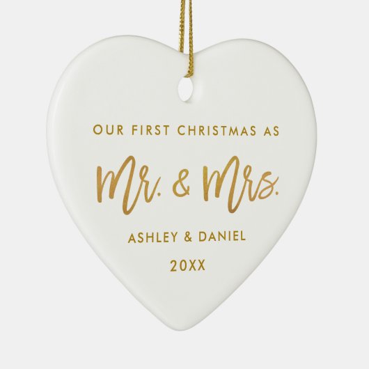 Penseelscript Gold Eerste Kerstmis | Foto terug Keramisch Ornament (Rechts)