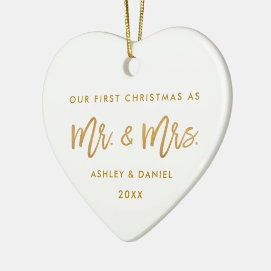 Penseelscript Gold Eerste Kerstmis | Foto terug Keramisch Ornament (Links)