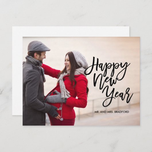 Penseelscript, Happy New Year Photo Feestdagenkaart (Voorkant / Achterkant)