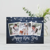 Penseelscript licht blauw hout 3 Foto nieuwjaar Feestdagenkaart (Staand voorkant)