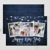 Penseelscript licht blauw hout 3 Foto nieuwjaar Feestdagenkaart (Voorkant / Achterkant)