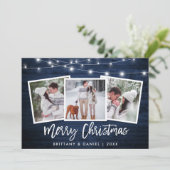Penseelscript licht blauw hout 3 Kerstmis foto Feestdagenkaart (Staand voorkant)