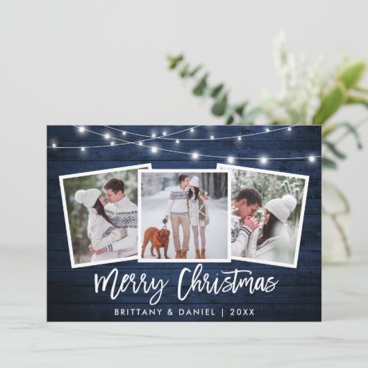 Penseelscript licht blauw hout 3 Kerstmis foto Feestdagenkaart (Staand voorkant)