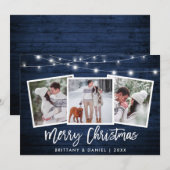 Penseelscript licht blauw hout 3 Kerstmis foto Feestdagenkaart (Voorkant / Achterkant)