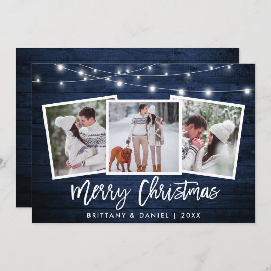 Penseelscript licht blauw hout 3 Kerstmis foto Feestdagenkaart (Voorkant / Achterkant)