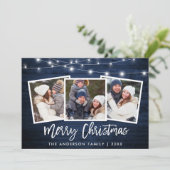 Penseelscript licht blauw hout 3 Kerstmis foto Feestdagenkaart (Staand voorkant)