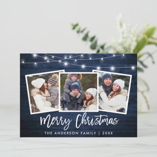 Penseelscript licht blauw hout 3 Kerstmis foto Feestdagenkaart (Staand voorkant)