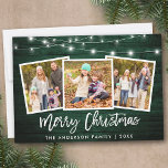 Penseelscript licht groen hout 3 Kerstmis foto Feestdagenkaart<br><div class="desc">Rustic Green Wood Brush Script 3 Fotoserie Merry-kerstkaart met String Lights</div>