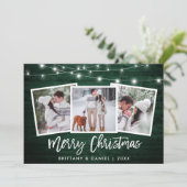Penseelscript licht groen hout 3 Kerstmis foto Feestdagenkaart (Staand voorkant)