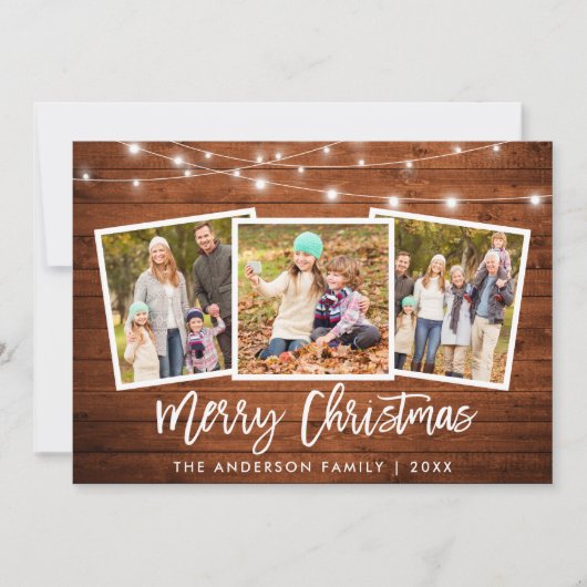 Penseelscript licht Rustic Wood 3 Kerstmis foto Feestdagenkaart (Voorkant)
