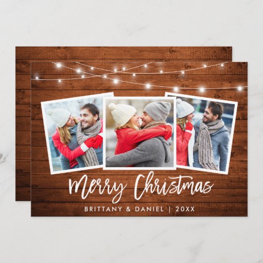 Penseelscript licht Rustic Wood Kerstmis 3 Foto Feestdagenkaart (Voorkant / Achterkant)