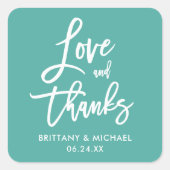 PenseelScript Love Bedankt Blauwgroen Envelope Sea Vierkante Sticker (Voorkant)