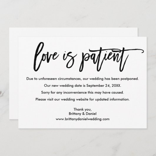 PenseelScript Love is Patiënt New Date Kaart (Voorkant / Achterkant)