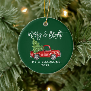 Penseelscript Merry Bright  Truck Green Keramisch Ornament