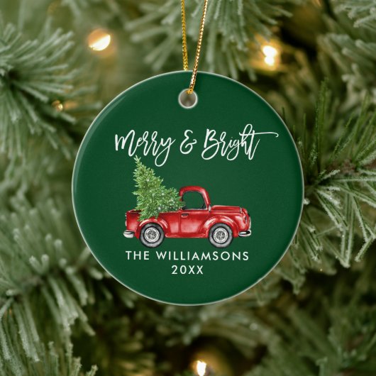 Penseelscript Merry Bright  Truck Green Keramisch Ornament (Boom)