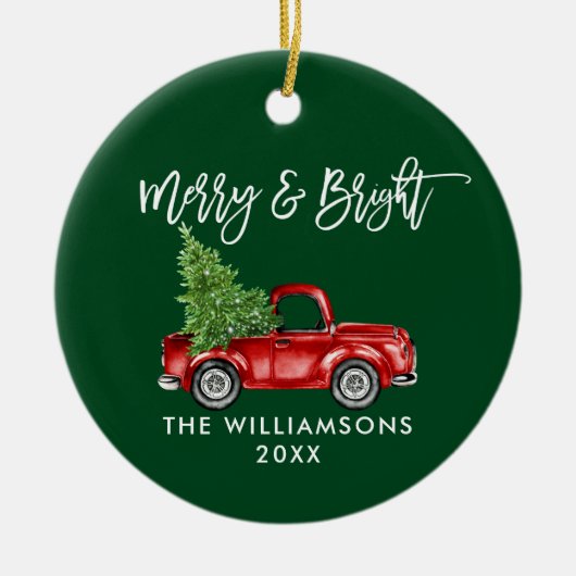 Penseelscript Merry Bright  Truck Green Keramisch Ornament (Voorkant)