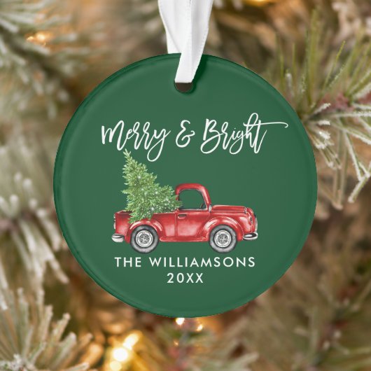 Penseelscript Merry Bright  Truck Green Ornament (Boom)