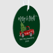 Penseelscript Merry Bright  Truck Green Ornament (voorkant)