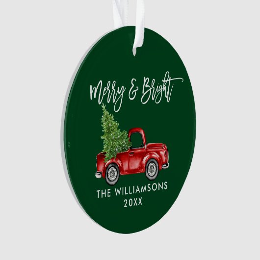 Penseelscript Merry Bright  Truck Green Ornament (voorkant)