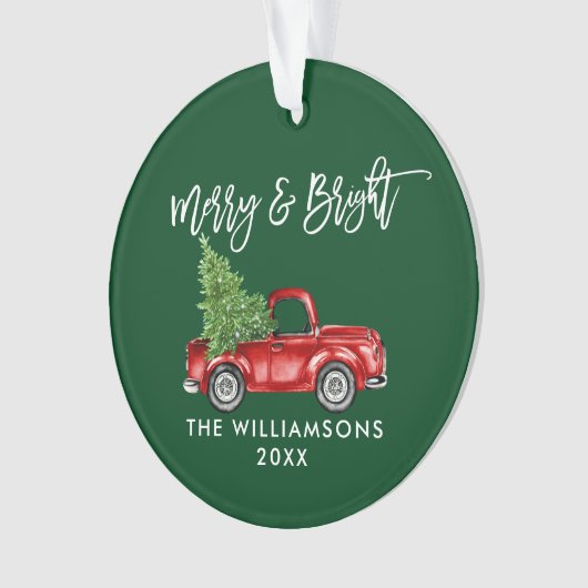 Penseelscript Merry Bright  Truck Green Ornament (voorkant)
