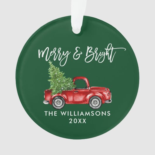 Penseelscript Merry Bright  Truck Green Ornament (voorkant)