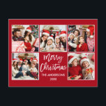 Penseelscript Merry-kerstfamilie 5 Fotorood Briefkaart<br><div class="desc">Modern penseelscript voor vier kerst foto-Briefkaart - rood</div>