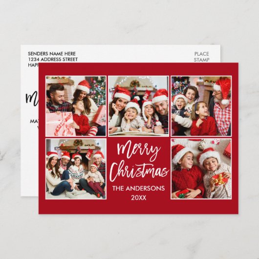 Penseelscript Merry-kerstfamilie 5 Fotorood Briefkaart (Voorkant / Achterkant)